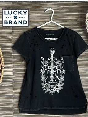 LUCKY BRAND T-Shirt Womens Small Black Distressed Nashville Guitar Roses Graphic